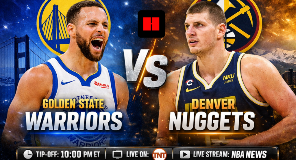 Stephen Curry of the Golden State Warriors faces Nikola Jokic of the Denver Nuggets in a promotional graphic showing game time, TV channel, and live stream details for tonight’s NBA matchup.