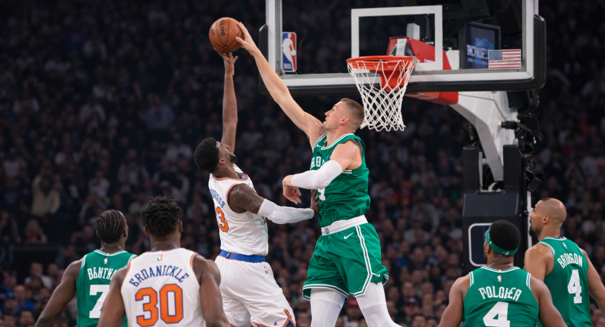 Low angle UHD shot of basketball player attempting a block during intense NBA game action near the hoop