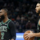 Jaylen Brown shouting and Jayson Tatum holding a basketball during a Boston Celtics game, side view.