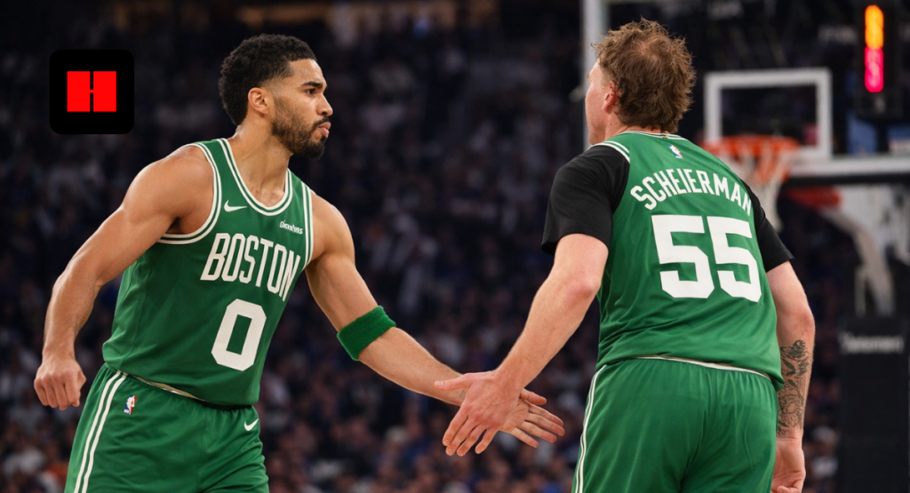 Boston Celtics players Jayson Tatum and Baylor Scheierman celebrate during NBA game vs New York Knicks at Madison Square Garden in UHD