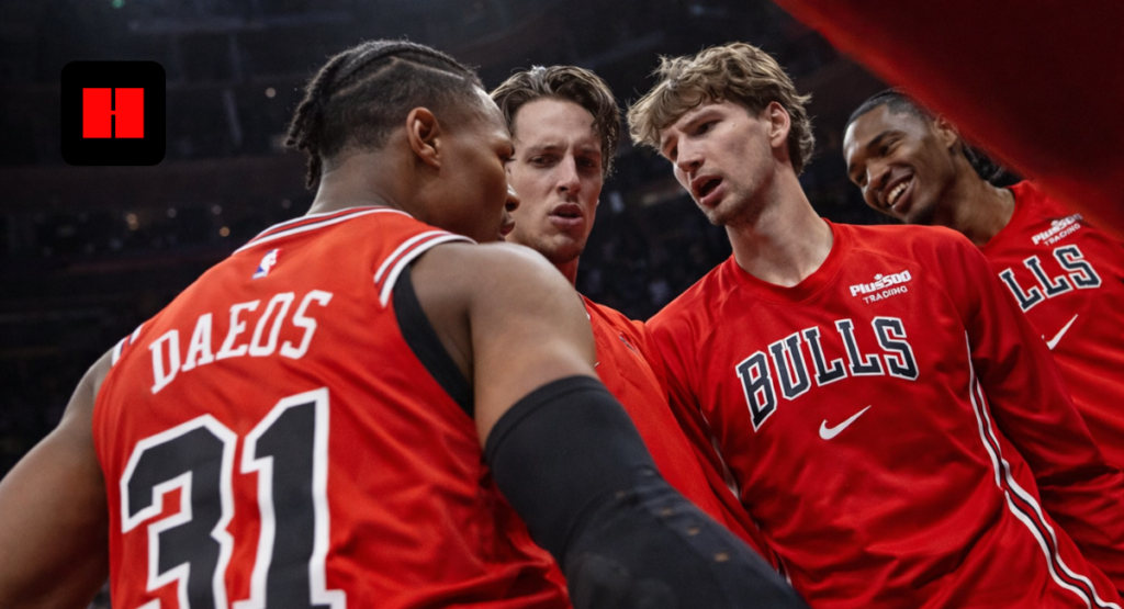 Chicago Bulls players reacting together on the bench during an NBA game