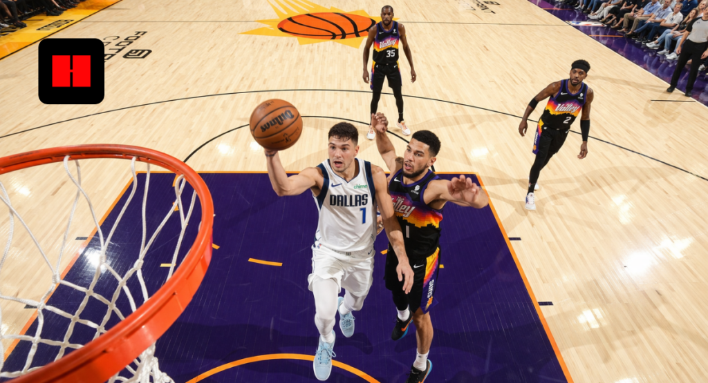 Dallas Mavericks player attempting a layup near the rim against Phoenix Suns defenders in a high angle NBA game shot