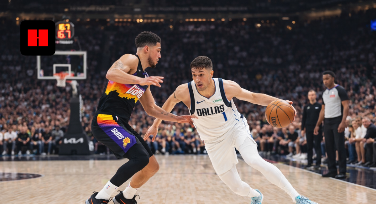 Dallas Mavericks player dribbling past Phoenix Suns defender during an NBA basketball game in UHD action shot