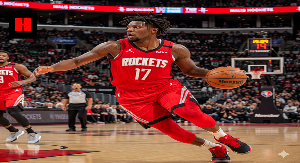 Houston Rockets player in a red No. 17 jersey driving toward the basket during a home game at Toyota Center