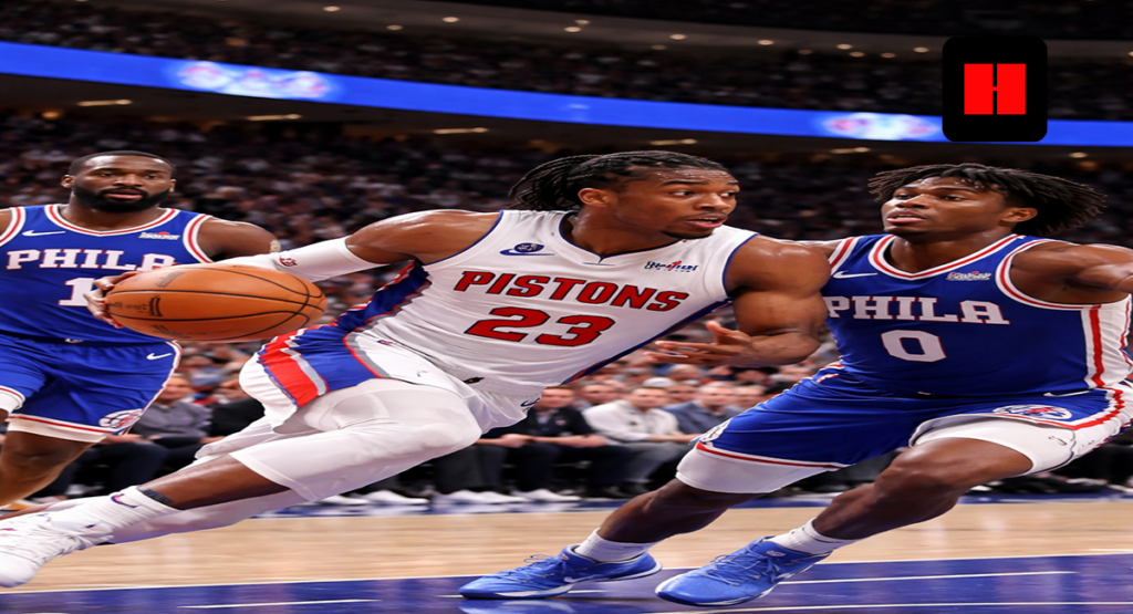 Jaden Ivey drives hard to the rim for the Detroit Pistons while Tyrese Maxey defends for the Philadelphia 76ers during a decisive Eastern Conference matchup.