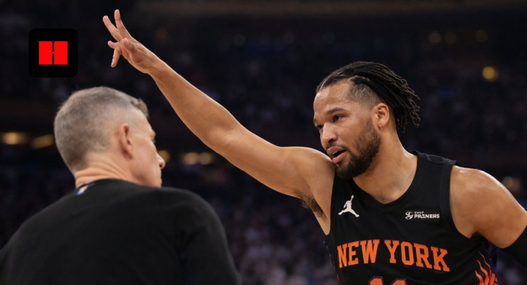 Jalen Brunson reacting during a New York Knicks NBA game
