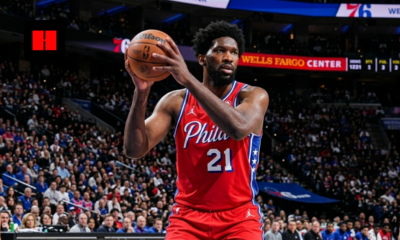 Joel Embiid holds the ball at the Wells Fargo Center during a Philadelphia 76ers game amid Daryl Morey controversy