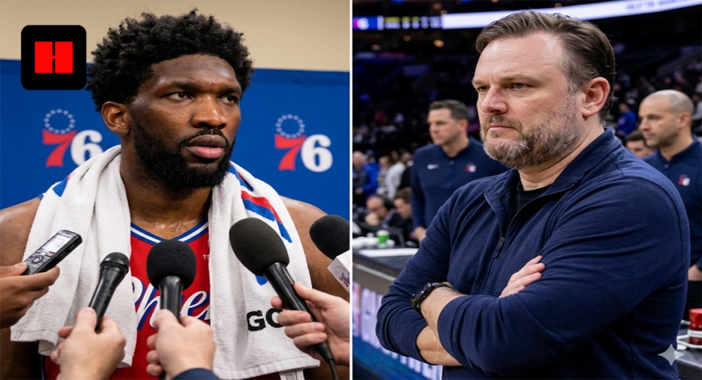 Joel Embiid speaks to media postgame while Daryl Morey looks on from the stands during Philadelphia 76ers controversy
