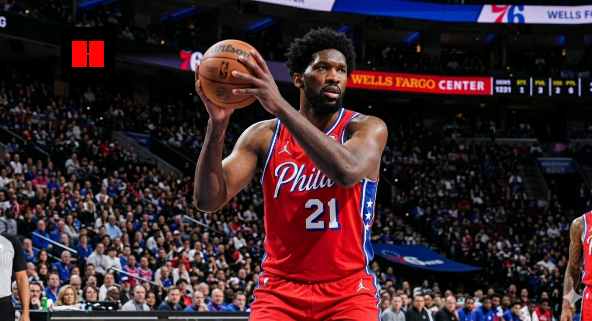 Joel Embiid holds the ball at the Wells Fargo Center during a Philadelphia 76ers game amid Daryl Morey controversy