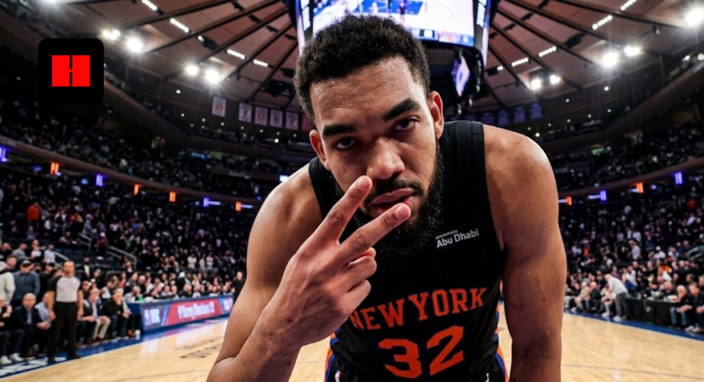 NBA star Karl-Anthony Towns wearing a black New York Knicks jersey number 32 and posing on the court at Madison Square Garden.