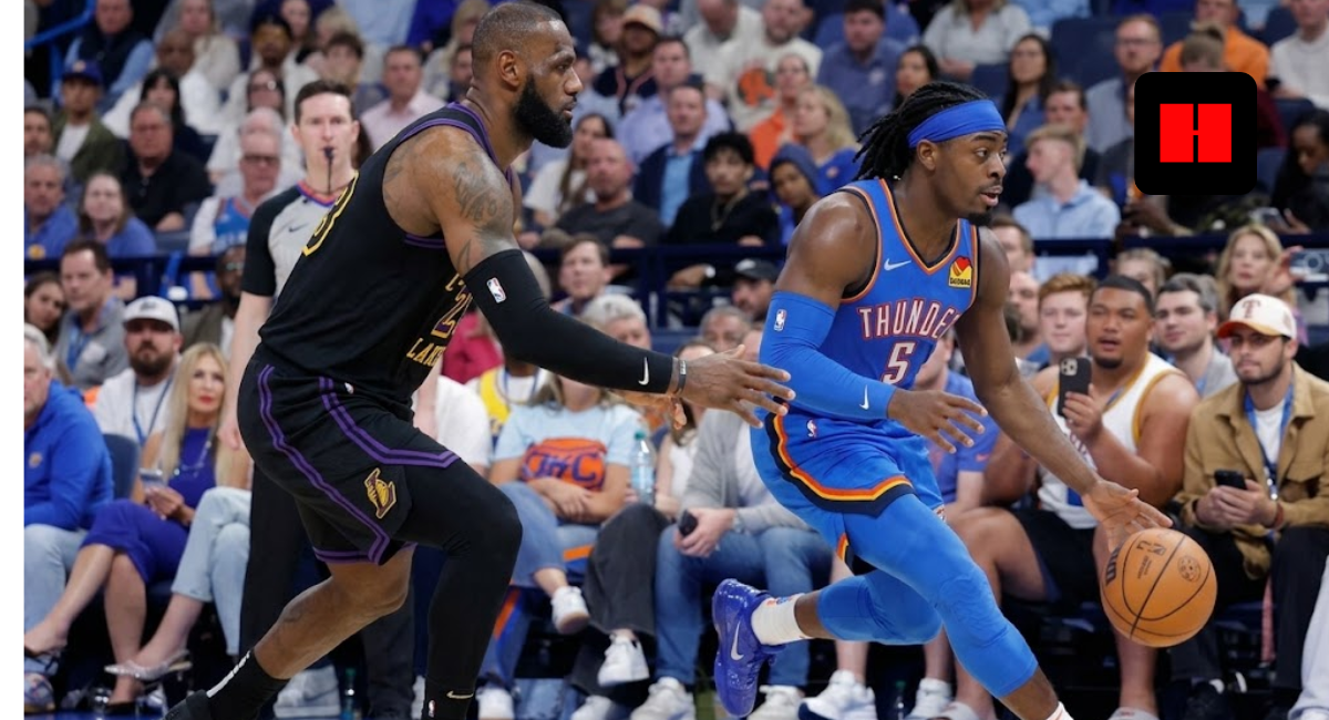 LeBron James in a black Los Angeles Lakers jersey defending Luguentz Dort of the Oklahoma City Thunder during an NBA game.