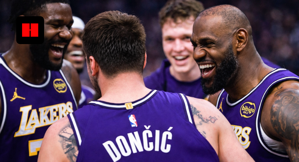 UHD side angle shot of Los Angeles Lakers players celebrating together during an NBA game with purple jerseys