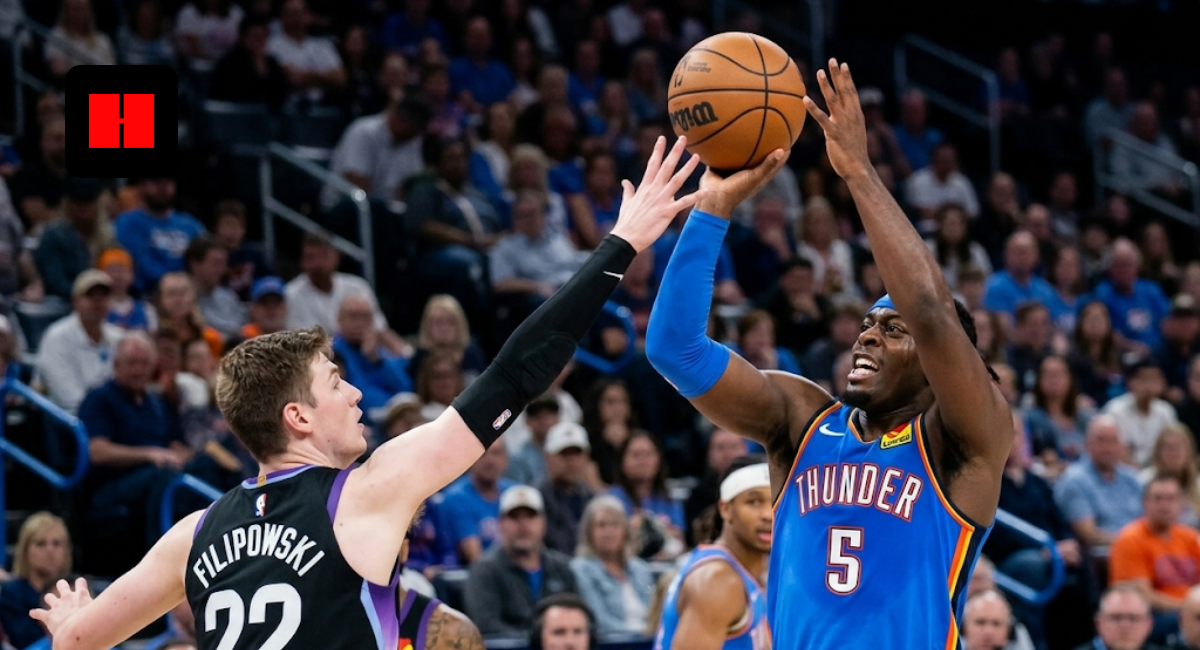 Oklahoma City Thunder's Luguentz Dort shooting a jump shot over Utah Jazz defender Kyle Filipowski during an NBA game.