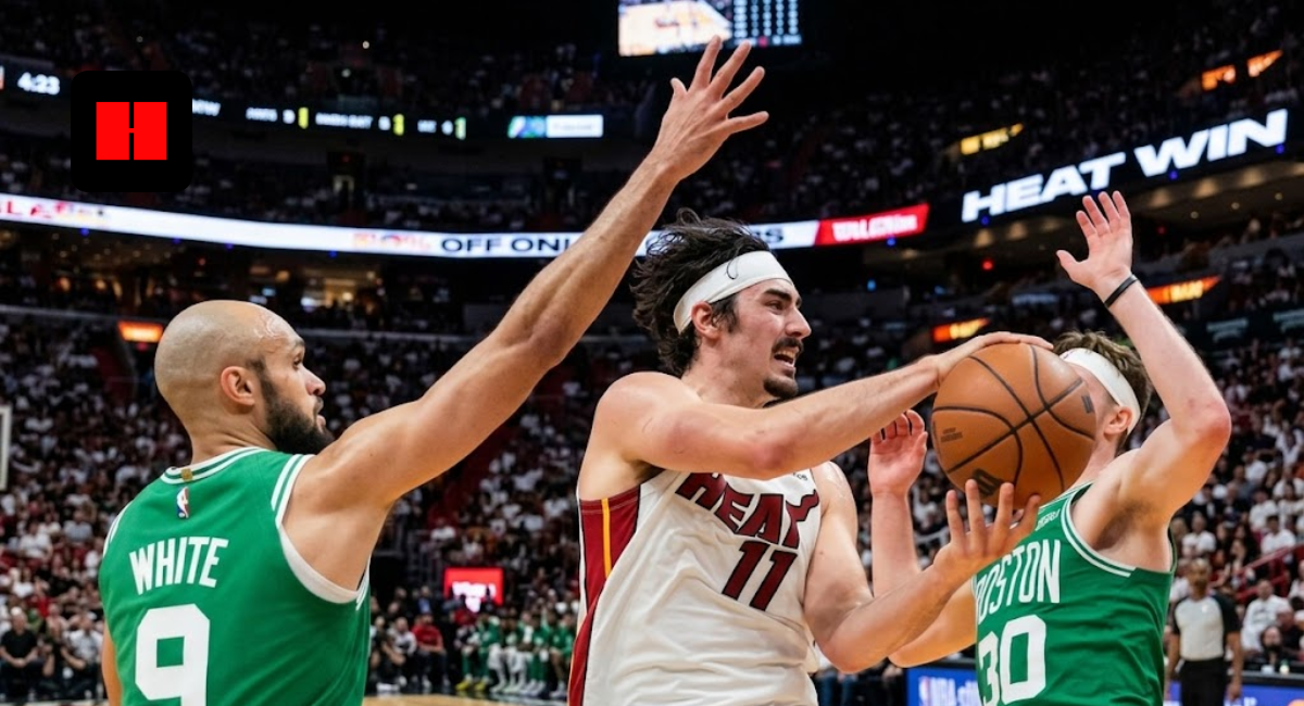 Miami Heat forward Jaime Jaquez Jr. (11) protects the ball while being defended by Boston Celtics guards Derrick White (9) and Sam Hauser (30) during an NBA game.