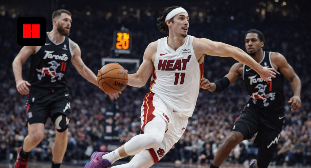 Miami Heat player driving forward with the ball past Toronto Raptors defenders during an NBA game action moment