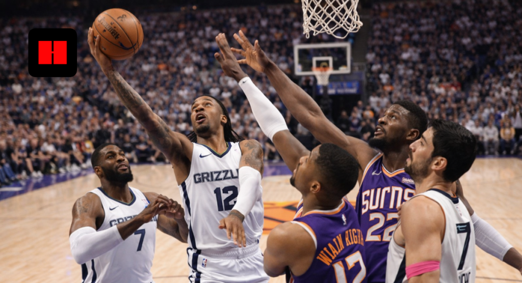 NBA players contesting layup during Memphis Grizzlies vs Phoenix Suns game near basket