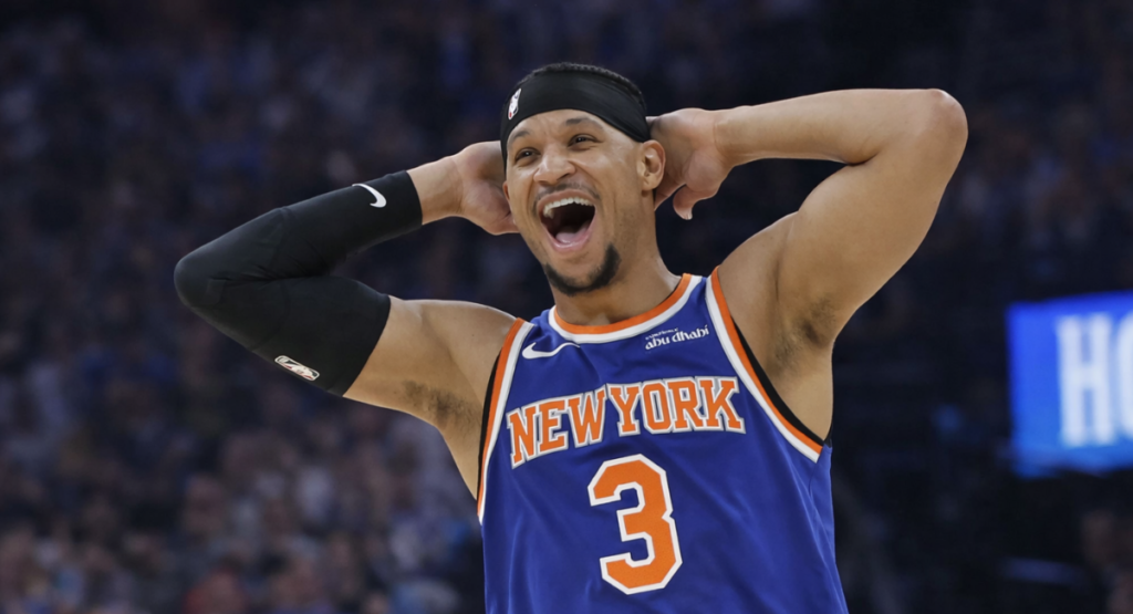 New York Knicks basketball player celebrating during an NBA game on the court