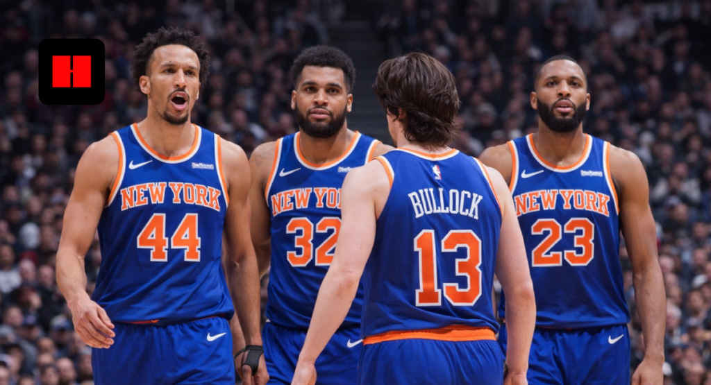 New York Knicks players standing together on the basketball court during an NBA game
