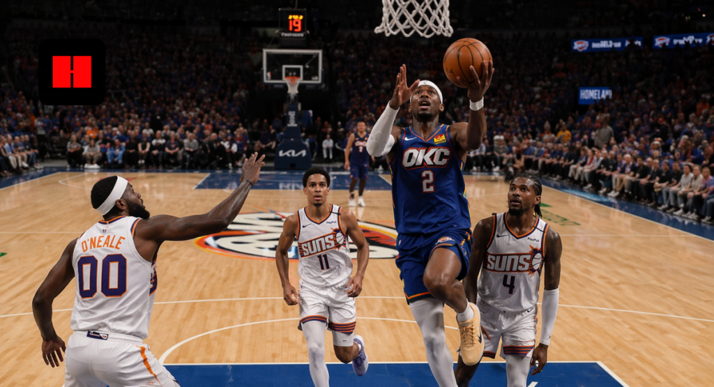 Oklahoma City Thunder player attempting layup against Phoenix Suns defenders during NBA game with dynamic new camera angle view