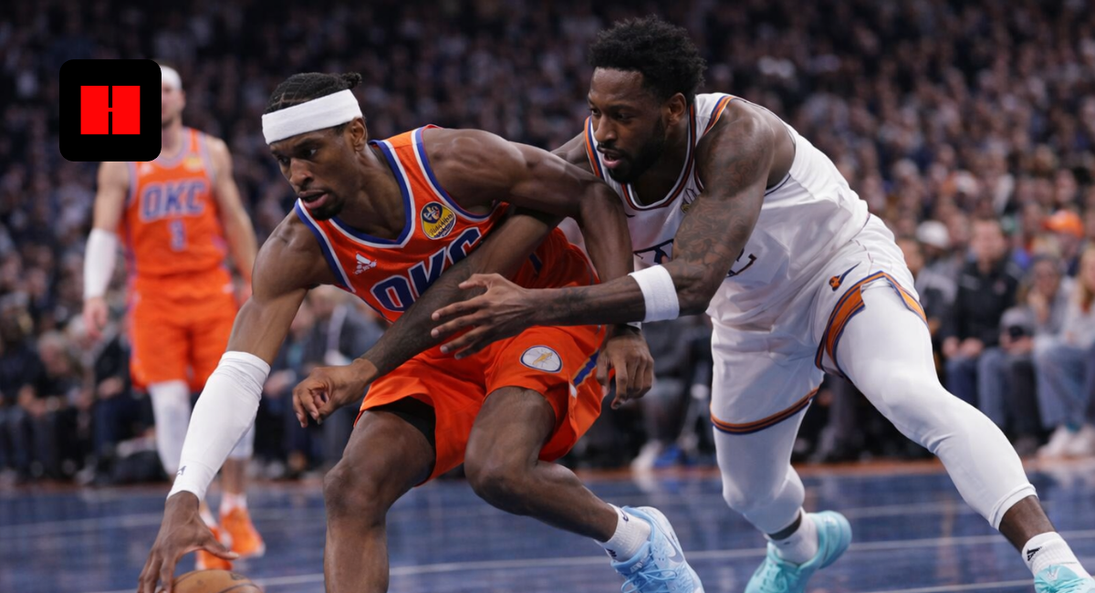 Shai Gilgeous-Alexander driving past a defender in an intense OKC vs Knicks NBA game action shot