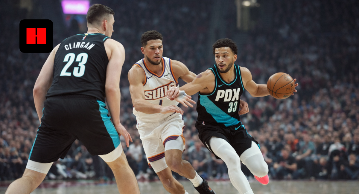 Portland Trail Blazers player dribbling past Phoenix Suns defender during an intense NBA game moment