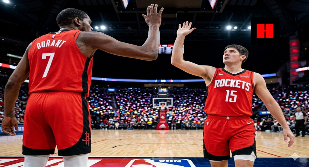 Kevin Durant and Alperen Sengun celebrate with a high-five during Rockets vs Jazz game in Houston, rockets vs jazz recap 2026