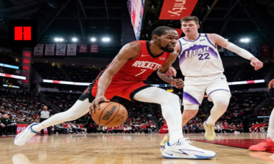 Kevin Durant drives past a Utah Jazz defender during Rockets vs Jazz game in Houston, part of rockets vs jazz recap 2026