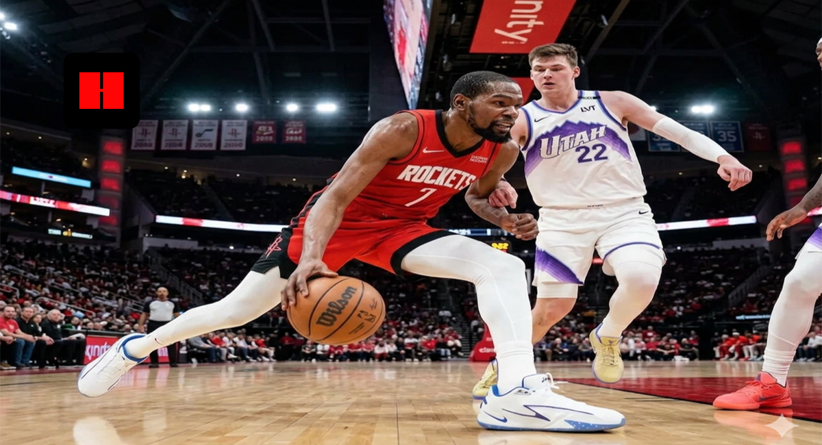 Kevin Durant drives past a Utah Jazz defender during Rockets vs Jazz game in Houston, part of rockets vs jazz recap 2026
