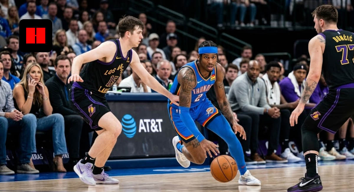 Shai Gilgeous-Alexander of the OKC Thunder driving the ball past Los Angeles Lakers defenders during a professional basketball game.