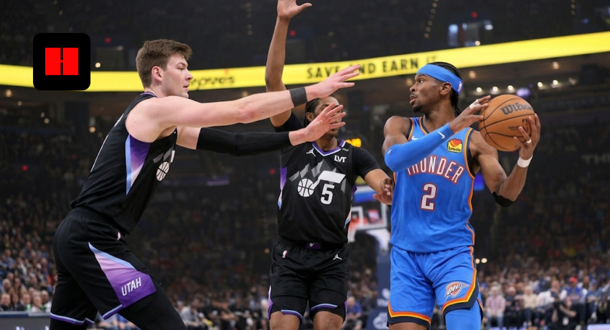 Shai Gilgeous-Alexander of the OKC Thunder driving past Utah Jazz defenders in a professional basketball game.