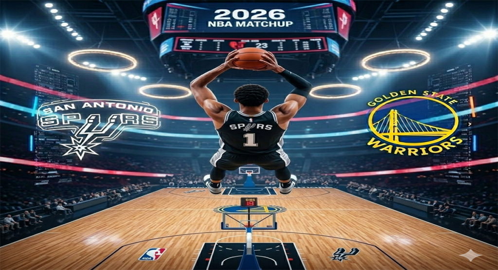 Victor Wembanyama mid-air dunk attempt in Spurs uniform during 2026 Spurs vs Warriors matchup with Chase Center arena and team logos visible