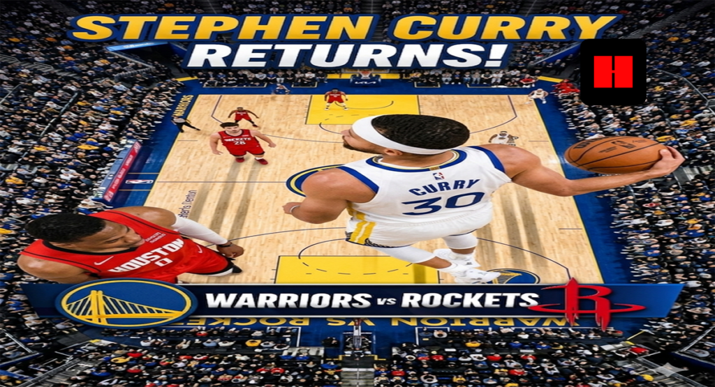 Stephen Curry soars toward the rim during his return game as the Warriors face the Rockets, with a packed arena and “Stephen Curry Returns” headline graphic above the court.