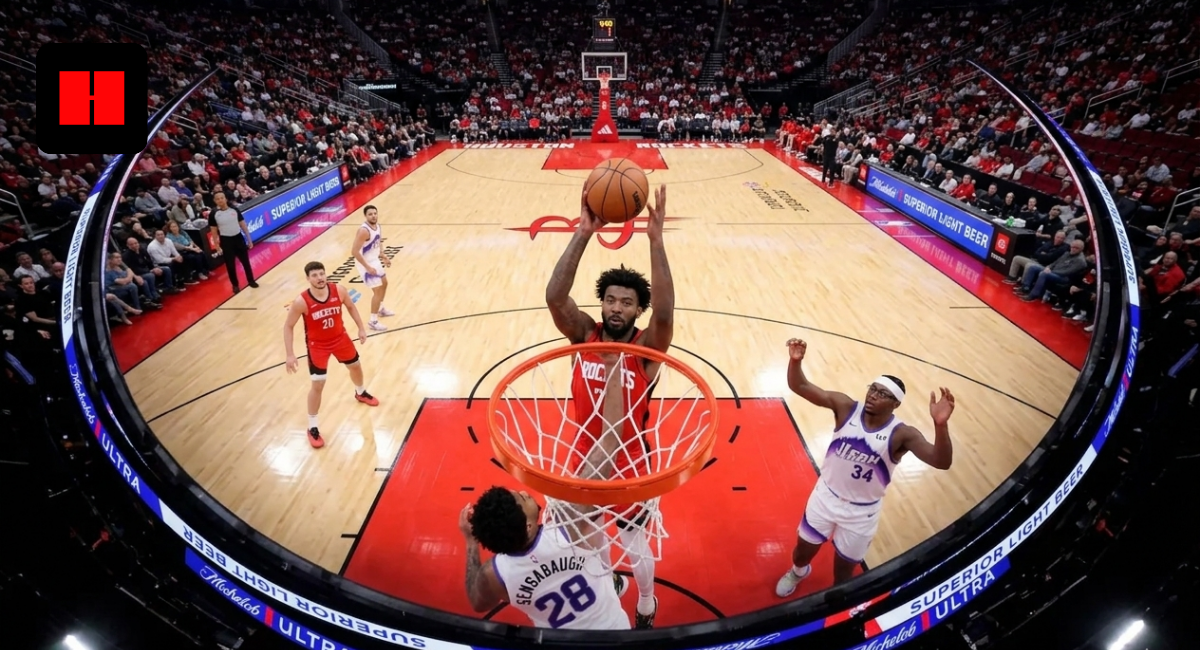 Tari Eason rises for a powerful dunk at the rim during a Houston Rockets game as defenders contest underneath