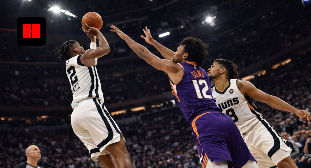 Utah Jazz player attempting a jump shot against Phoenix Suns defenders during an NBA game