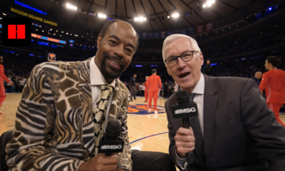 Walt Frazier and Mike Breen courtside at Madison Square Garden before a New York Knicks game in a unique camera angle shot