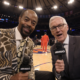 Walt Frazier and Mike Breen courtside at Madison Square Garden before a New York Knicks game in a unique camera angle shot