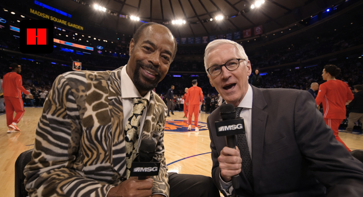 Walt Frazier and Mike Breen courtside at Madison Square Garden before a New York Knicks game in a unique camera angle shot
