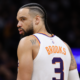 Dillon Brooks of the Phoenix Suns looking over his shoulder during an NBA game in 2026