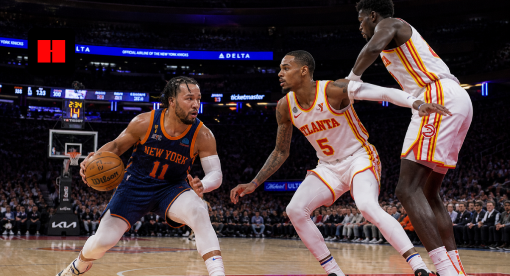 Jalen Brunson of the New York Knicks drives to the basket against Atlanta Hawks defenders during an NBA game at Madison Square Garden in 2026