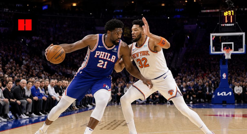 Philadelphia 76ers center Joel Embiid backs down a New York Knicks defender during an NBA regular season game at Madison Square Garden.