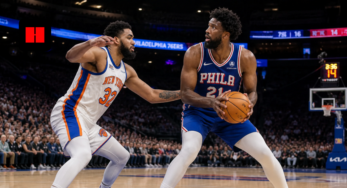 Joel Embiid of the Philadelphia 76ers backing down Karl-Anthony Towns of the New York Knicks during an NBA game action shot