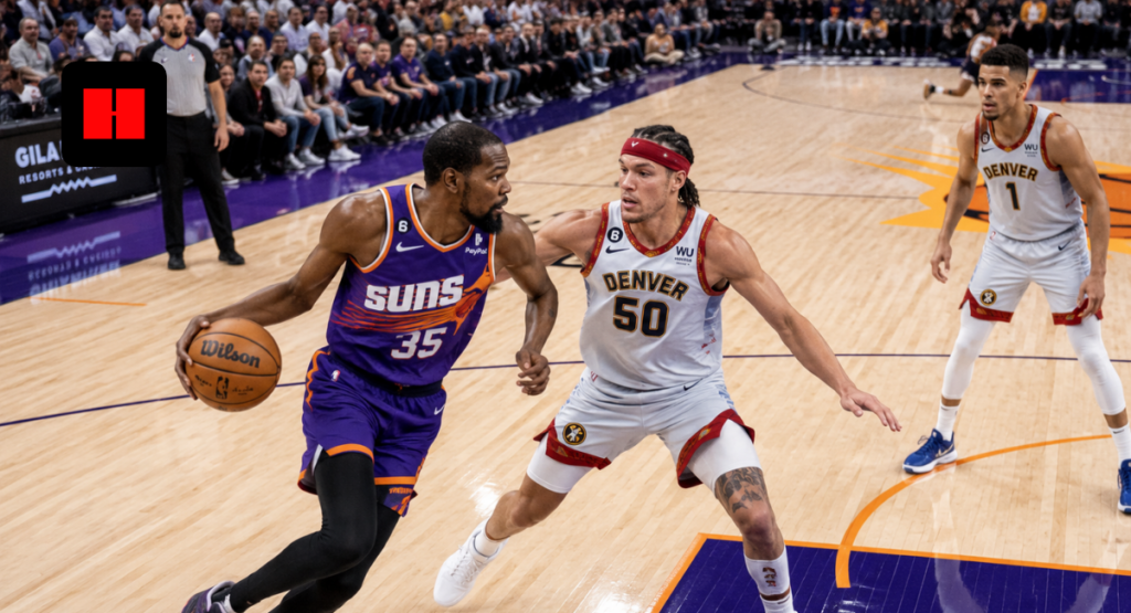 Kevin Durant of the Phoenix Suns dribbling past a Denver Nuggets defender during an NBA game action play in a packed arena