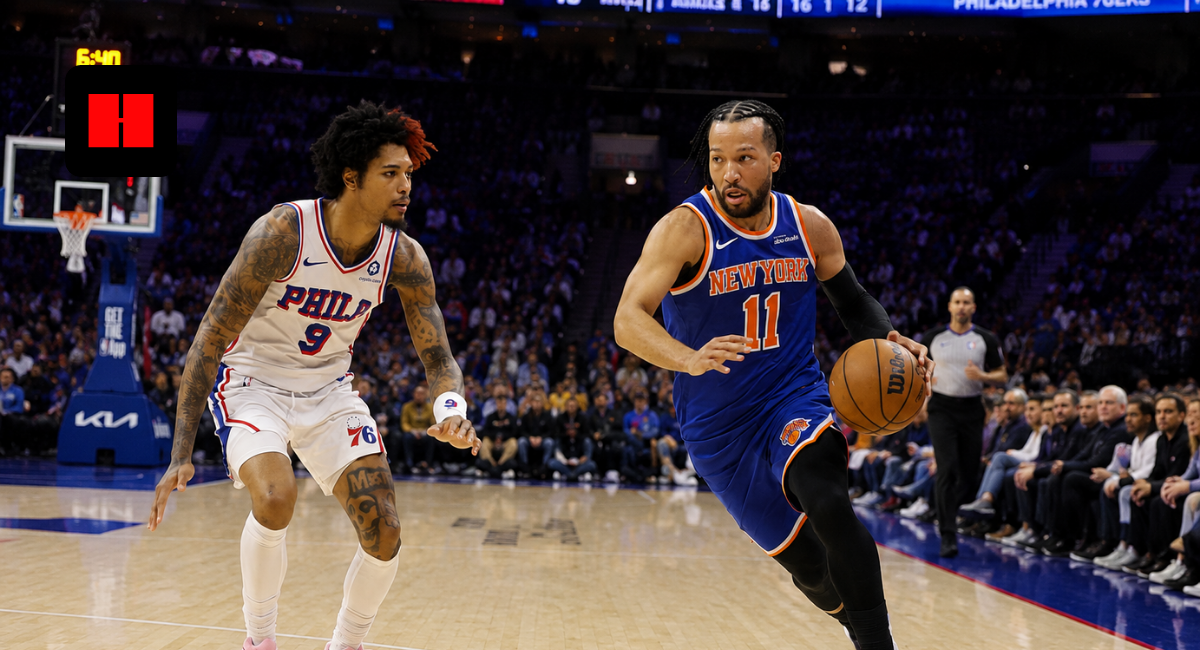 New York Knicks guard Jalen Brunson drives past Philadelphia 76ers forward Kelly Oubre Jr during an NBA game at Wells Fargo Center.
