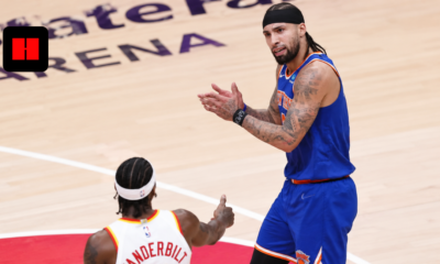 New York Knicks guard Josh Hart reacts during an NBA game against the Atlanta Hawks at State Farm Arena in 2026.