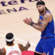 New York Knicks guard Josh Hart reacts during an NBA game against the Atlanta Hawks at State Farm Arena in 2026.