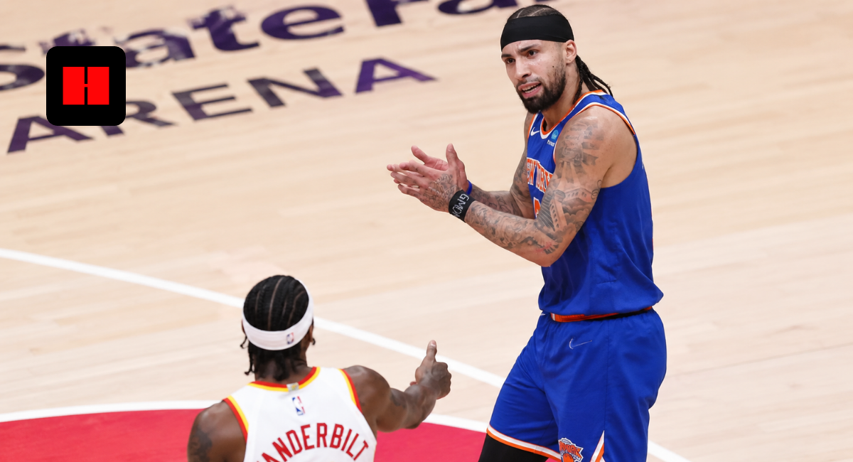 New York Knicks guard Josh Hart reacts during an NBA game against the Atlanta Hawks at State Farm Arena in 2026.